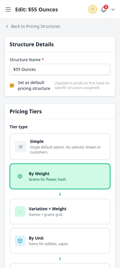 DabDash pricing editor showing tier thresholds, discounts, and structure details — mobile view
