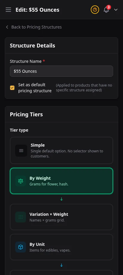 DabDash pricing editor showing tier thresholds, discounts, and structure details — mobile view