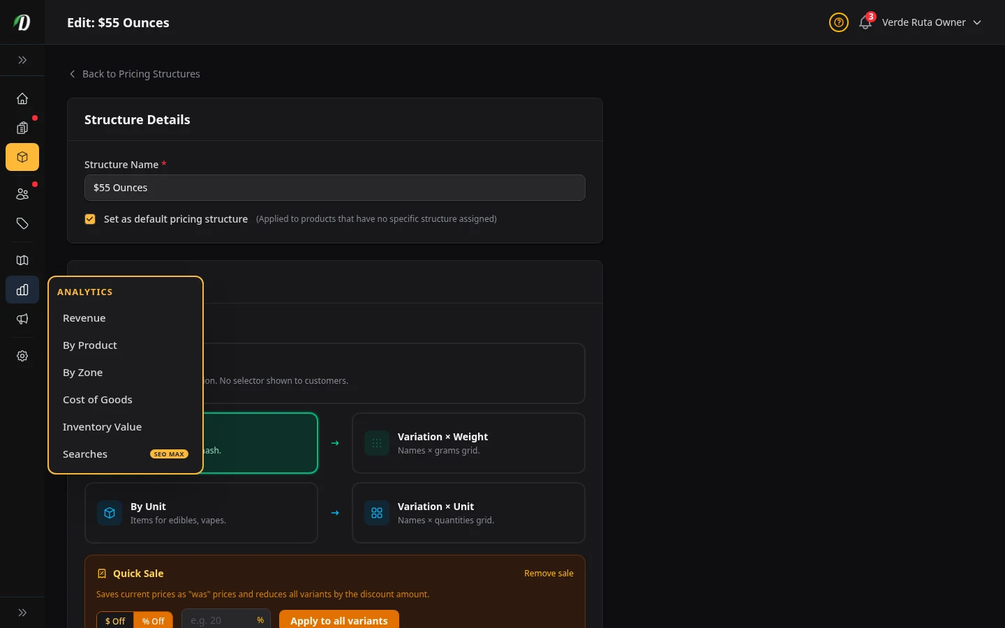 DabDash pricing editor showing tier thresholds, discounts, and structure details