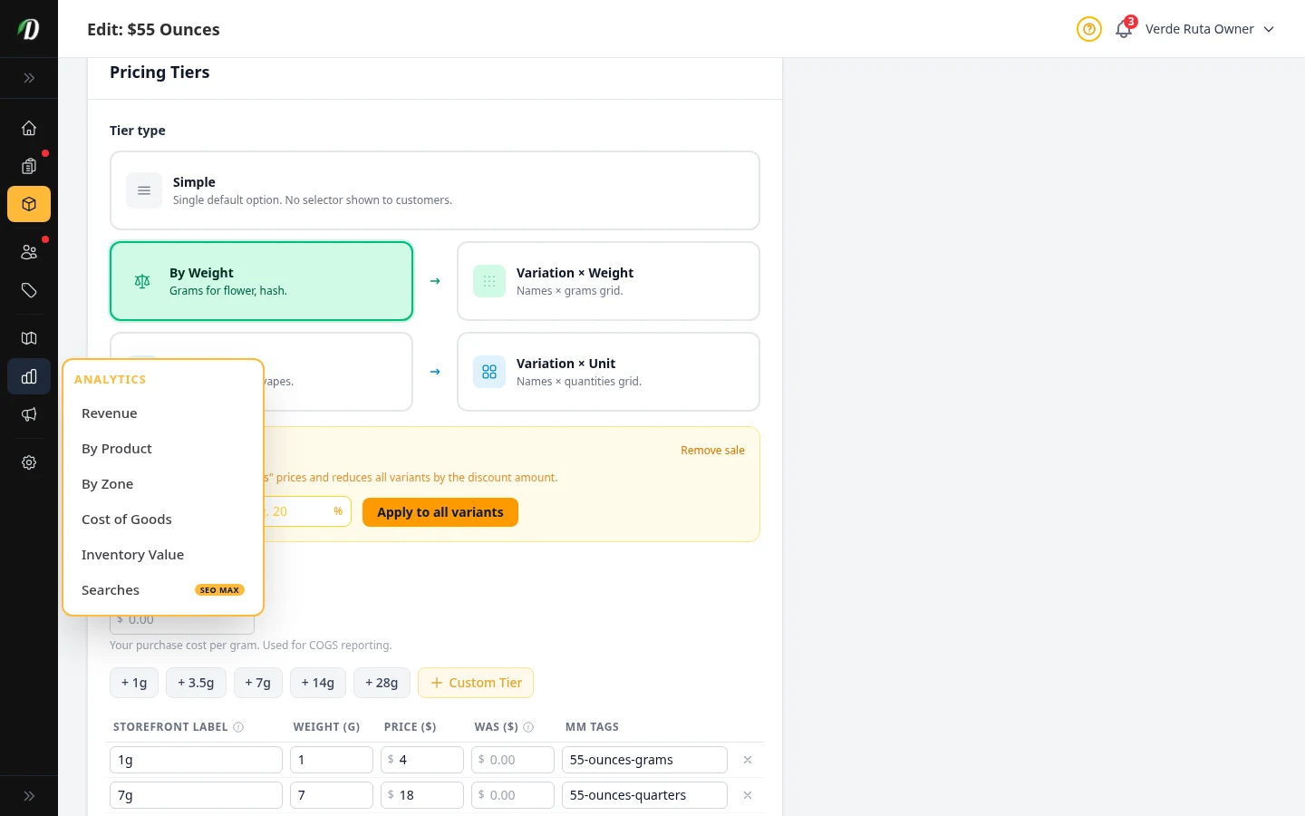 DabDash weight pricing form showing gram tiers, prices, costs, and pricing labels