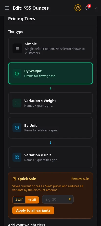 DabDash weight pricing form showing gram tiers, prices, costs, and pricing labels — mobile view