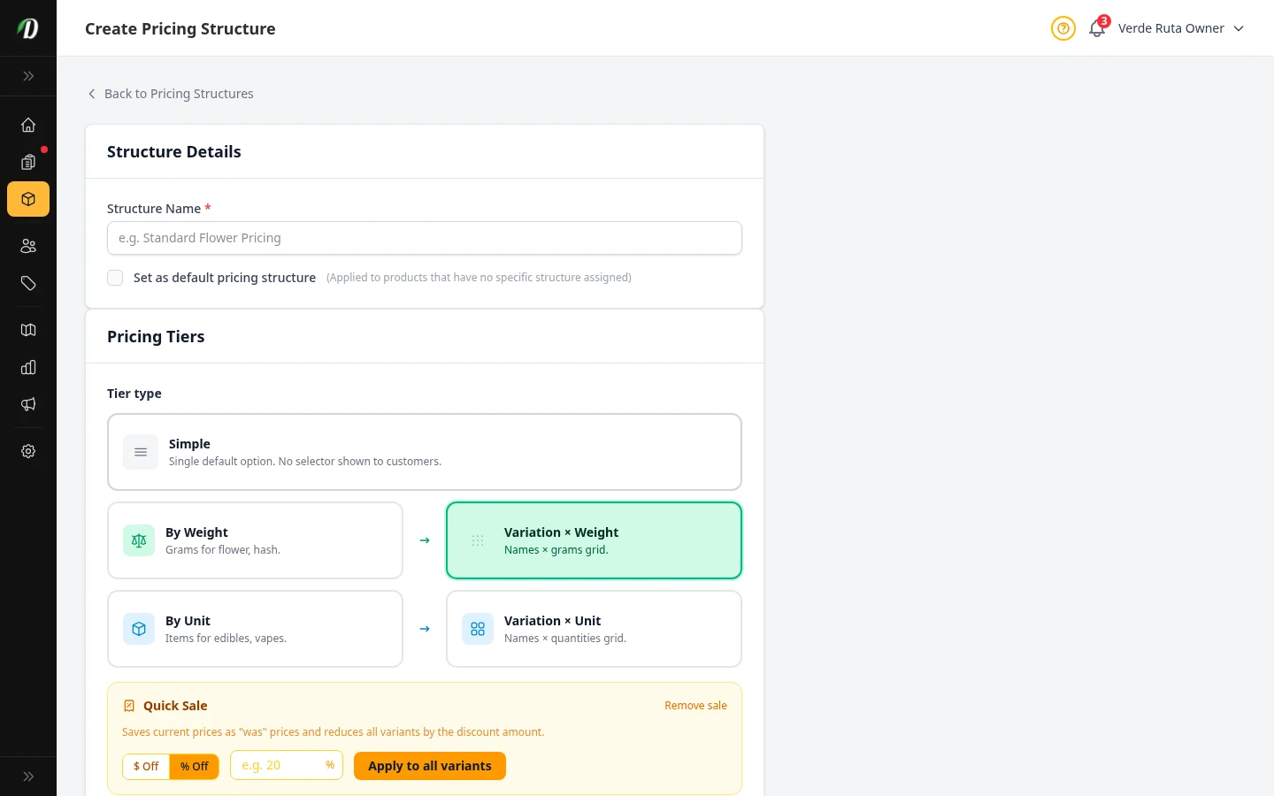 Matrix pricing setup with variation names and weight columns