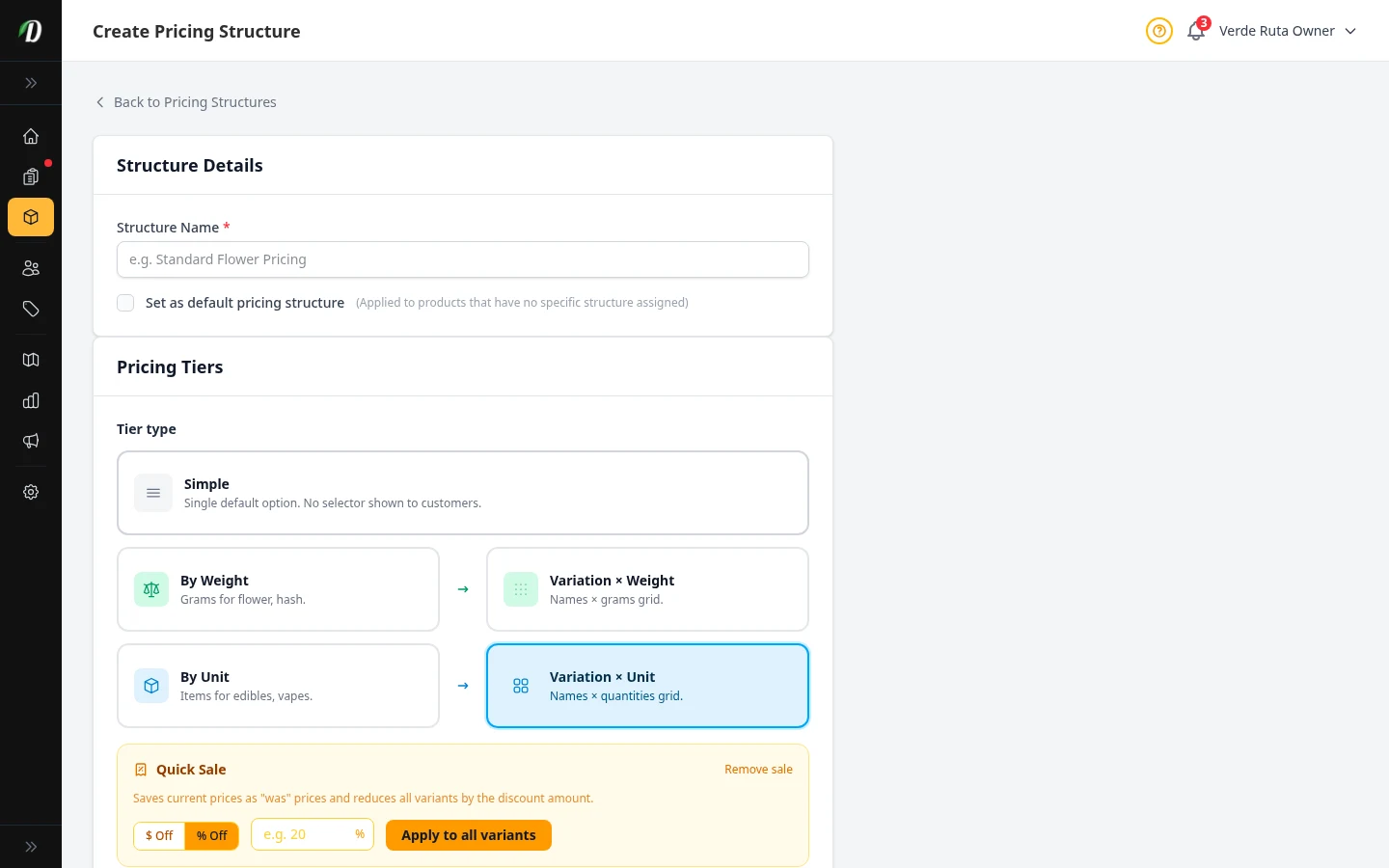 Variation by unit matrix pricing setup with flavor rows and unit quantity columns