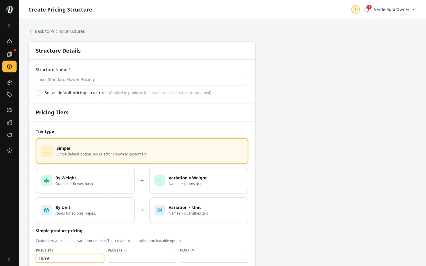 Simple pricing setup with one implicit unit option