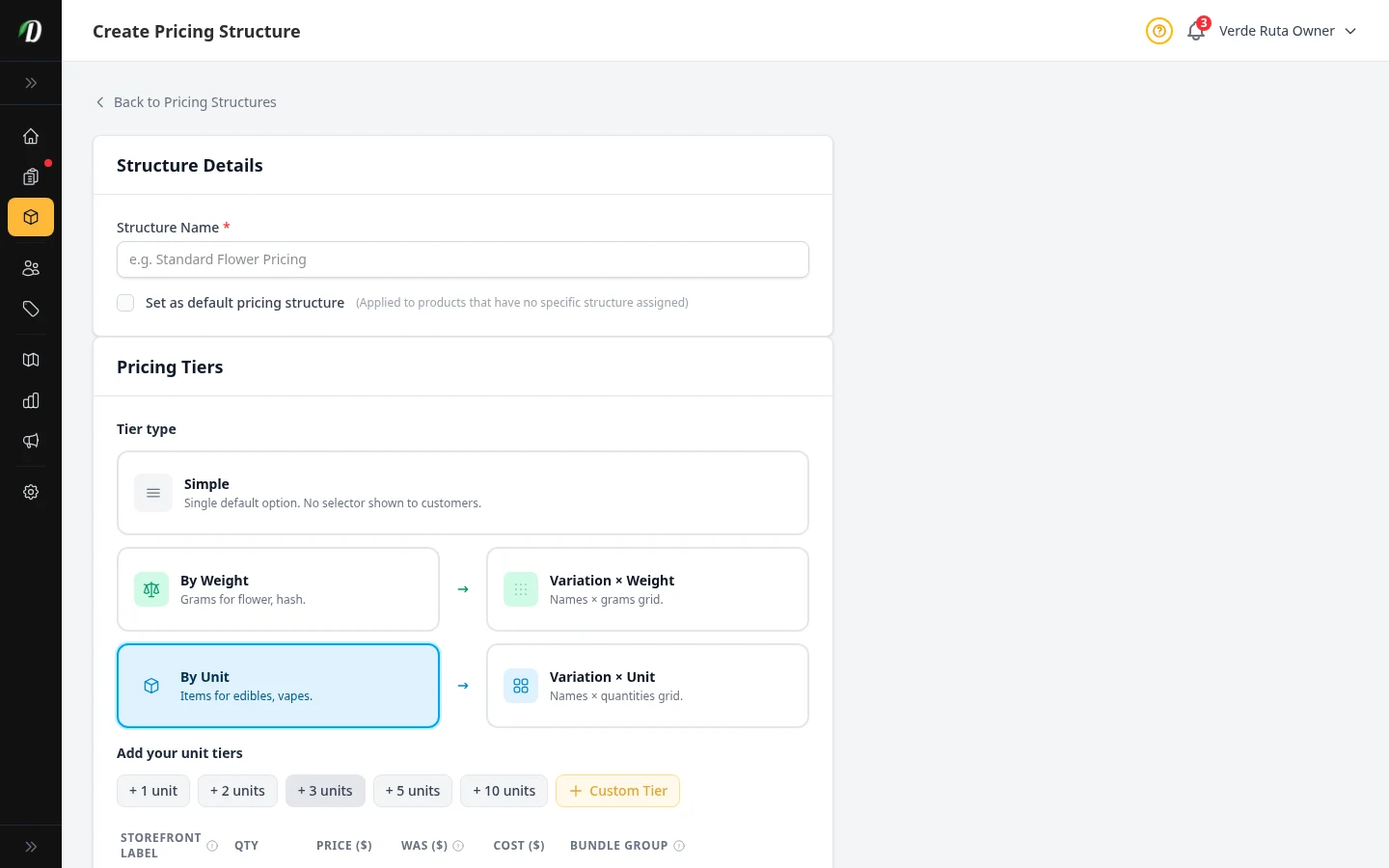Unit pricing setup with unit quantity tiers