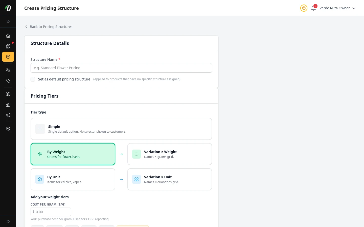 Weight pricing setup with gram tiers