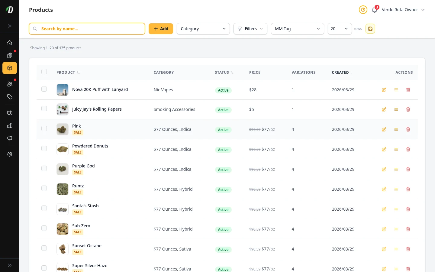 DabDash products page showing a rich product catalog with images, strain types, prices, and active status