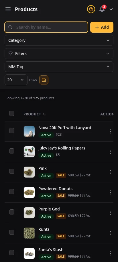 DabDash products page showing a rich product catalog with images, strain types, prices, and active status — mobile view