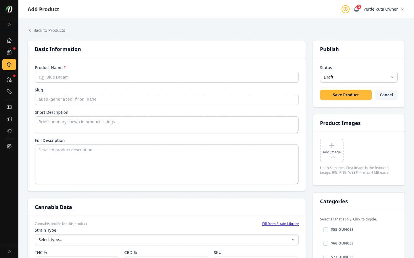 DabDash add product page showing product details, categories, pricing, and publish controls