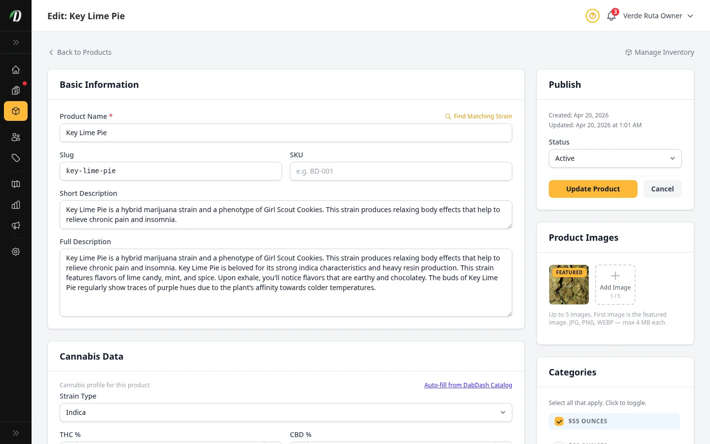 Product edit page showing pricing, saved variations, and publish controls
