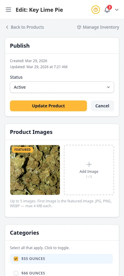 DabDash product editor showing uploaded images, categories, and a product ready to publish — mobile view