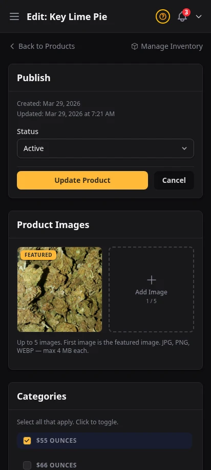 DabDash product editor showing multiple saved variations with pricing and inventory fields — mobile view