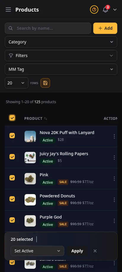 DabDash product list showing bulk selection controls for activating, archiving, and editing many items at once — mobile view