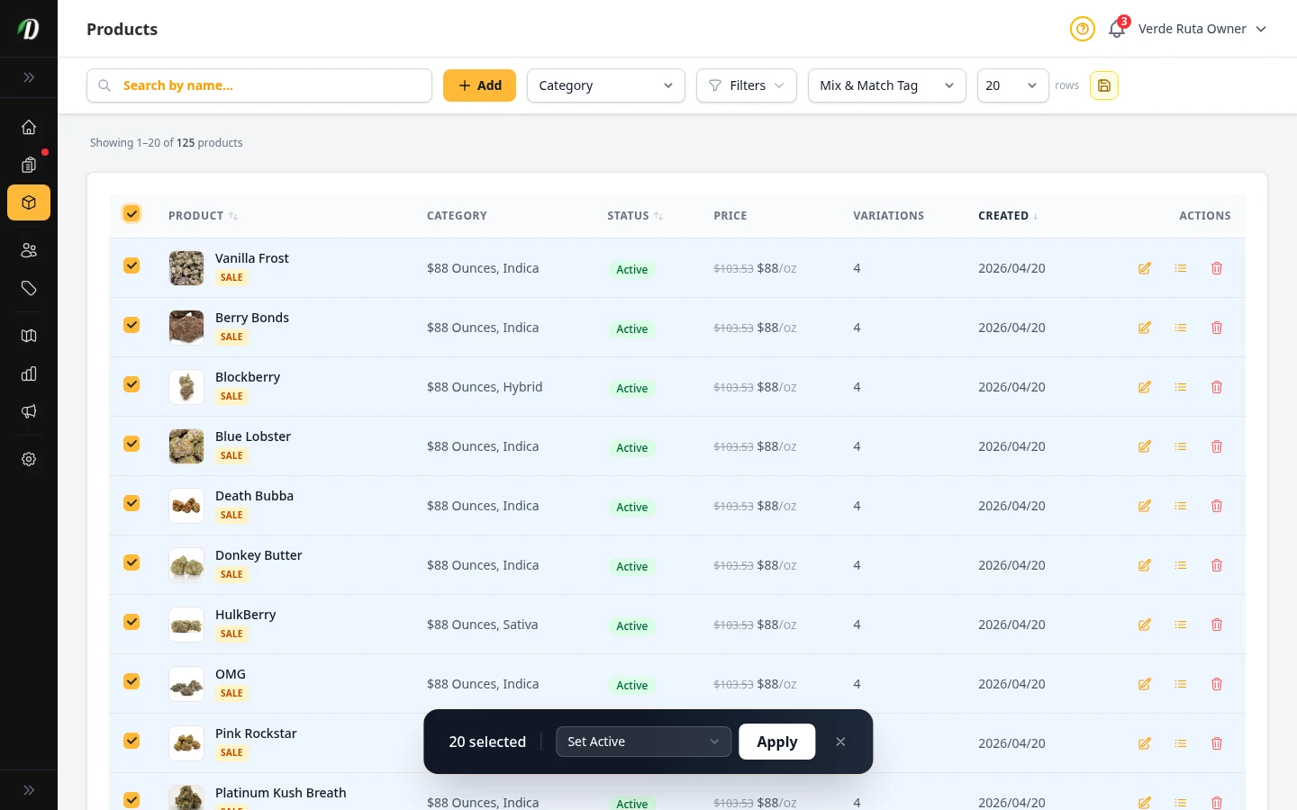 Bulk strain enrich modal showing auto-fill of THC, effects, and flavors