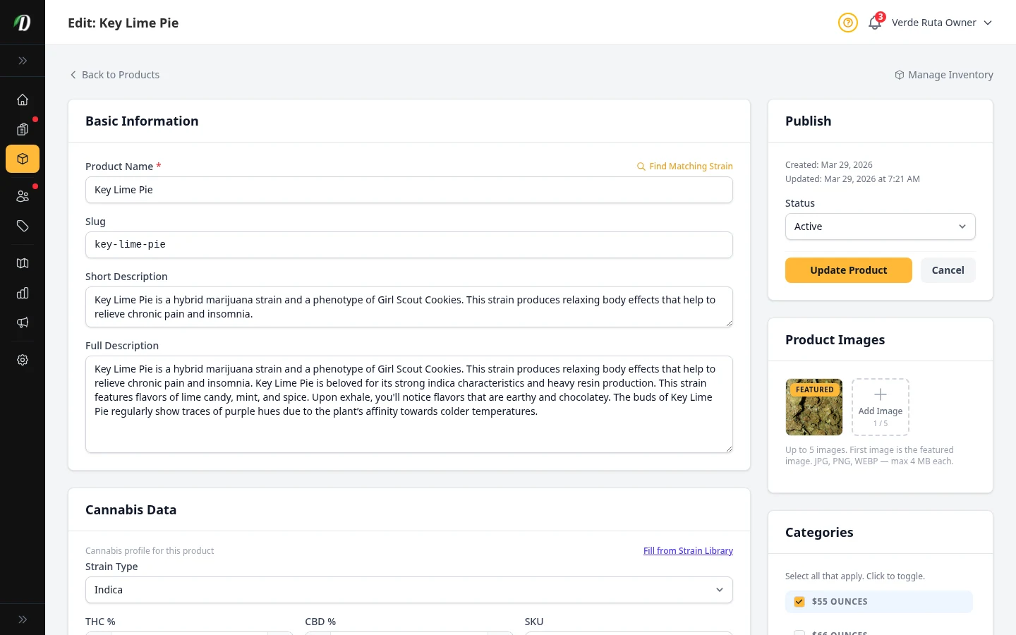 DabDash product editor showing a pricing structure linked to saved product variations