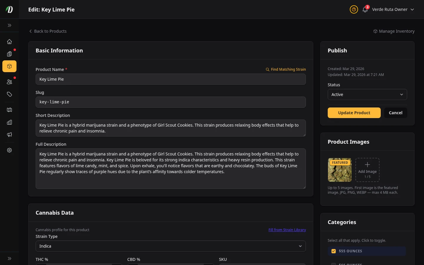 DabDash product editor showing a pricing structure linked to saved product variations