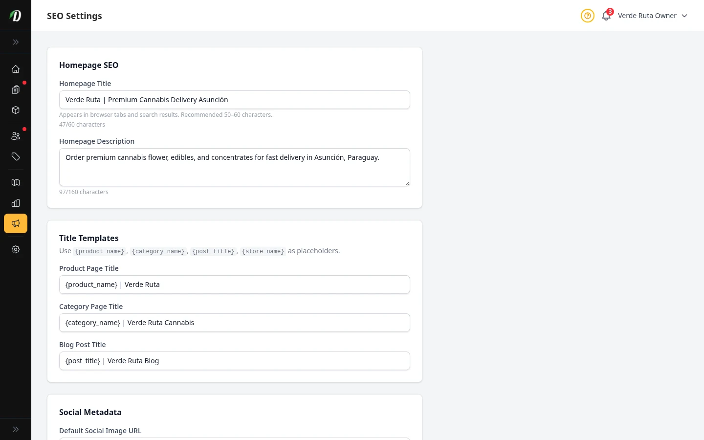 DabDash SEO settings showing filled in meta title, description, and share image fields