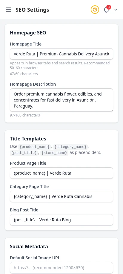 DabDash SEO settings showing filled in meta title, description, and share image fields