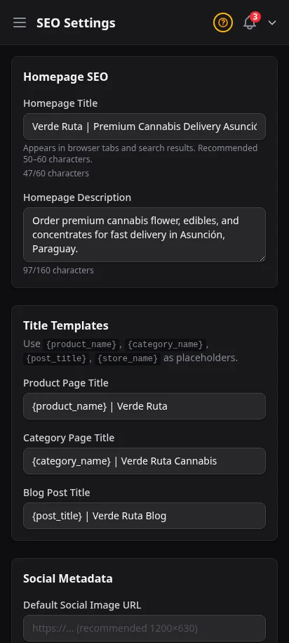 DabDash SEO settings showing filled in meta title, description, and share image fields