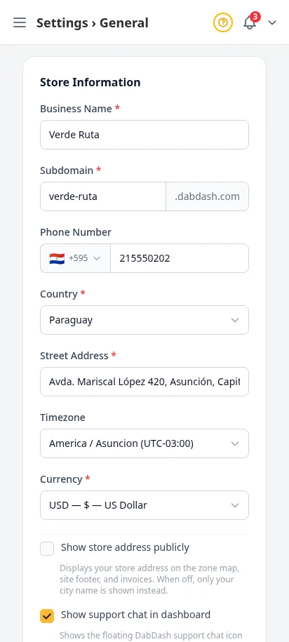DabDash general settings showing business name, address, phone, and core store details