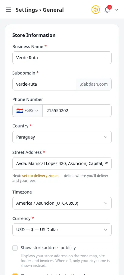 DabDash age check and legal settings showing compliance controls and required store information