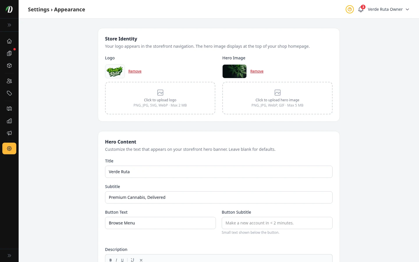 DabDash appearance settings showing logo upload, colors, font, and theme controls