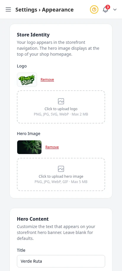 DabDash appearance settings showing logo upload, colors, font, and theme controls