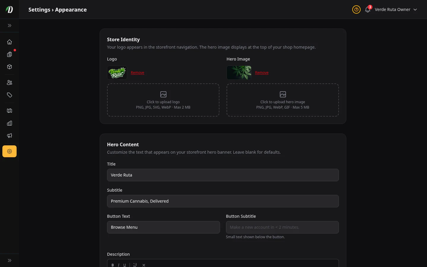 DabDash appearance settings showing logo upload, colors, font, and theme controls