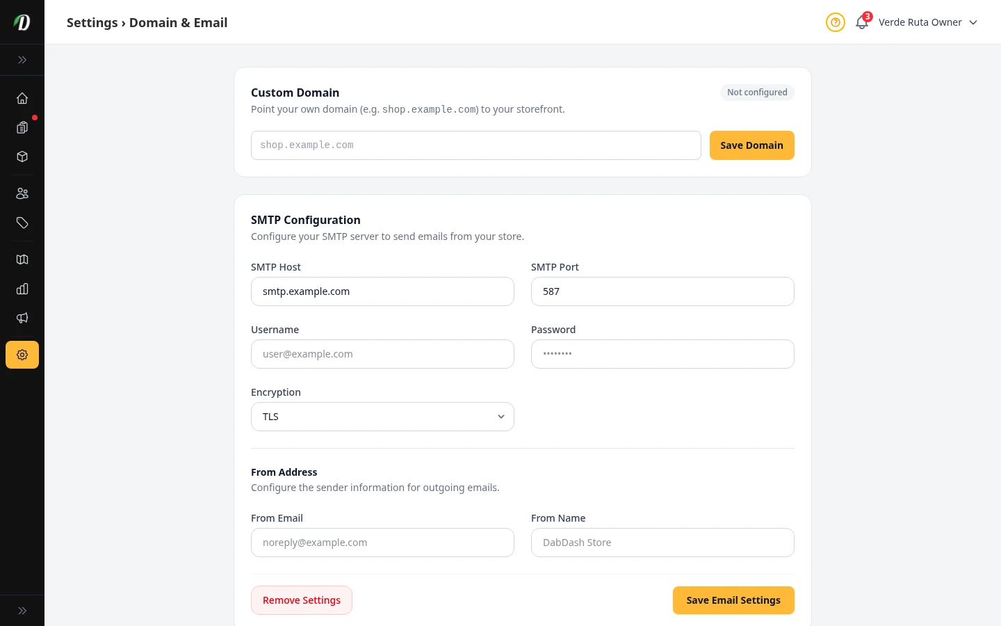 DabDash domain settings showing custom domain setup and DNS verification details