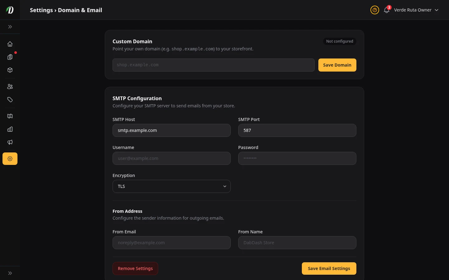 DabDash domain settings showing custom domain setup and DNS verification details
