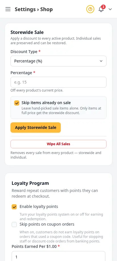 DabDash shop settings showing delivery rules, fees, and storefront behavior controls