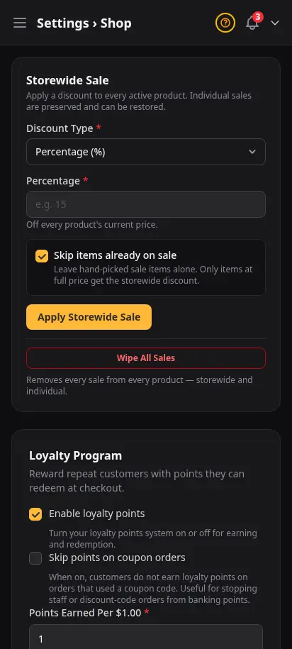 DabDash shop settings showing delivery rules, fees, and storefront behavior controls