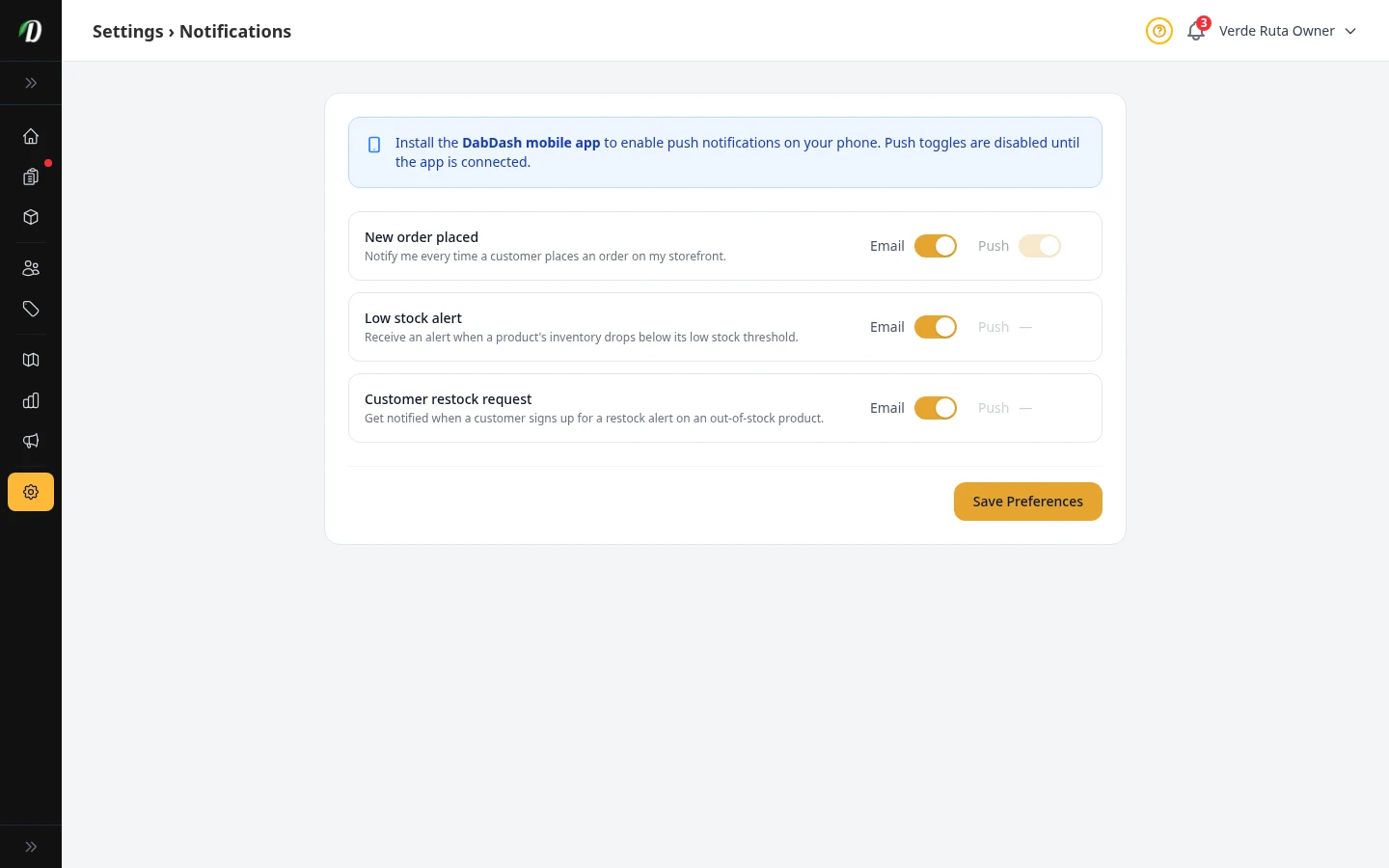 DabDash notification settings showing toggles for order, stock, and restock alerts
