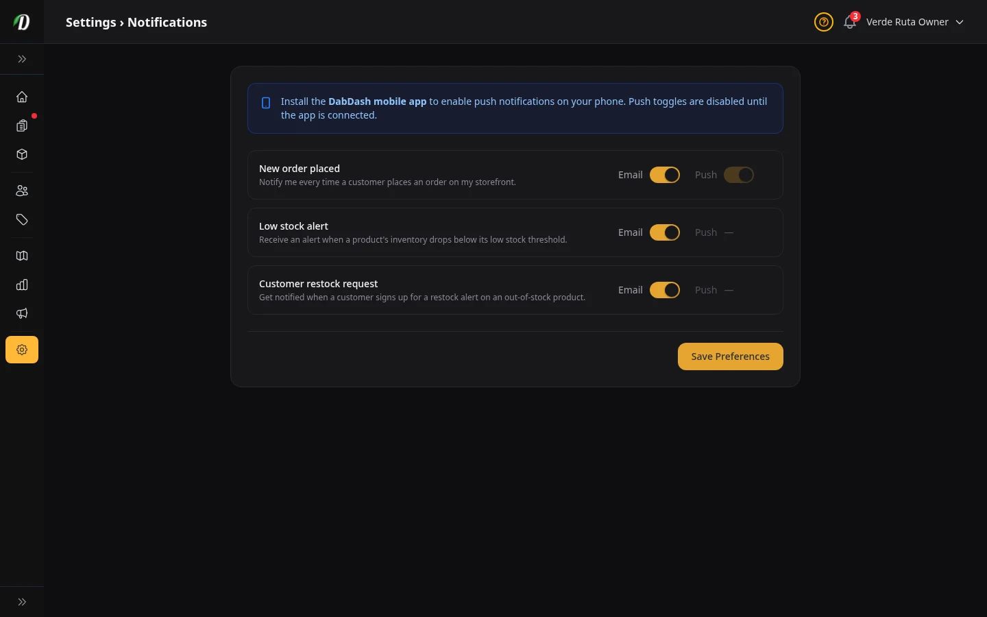 DabDash notification settings showing toggles for order, stock, and restock alerts