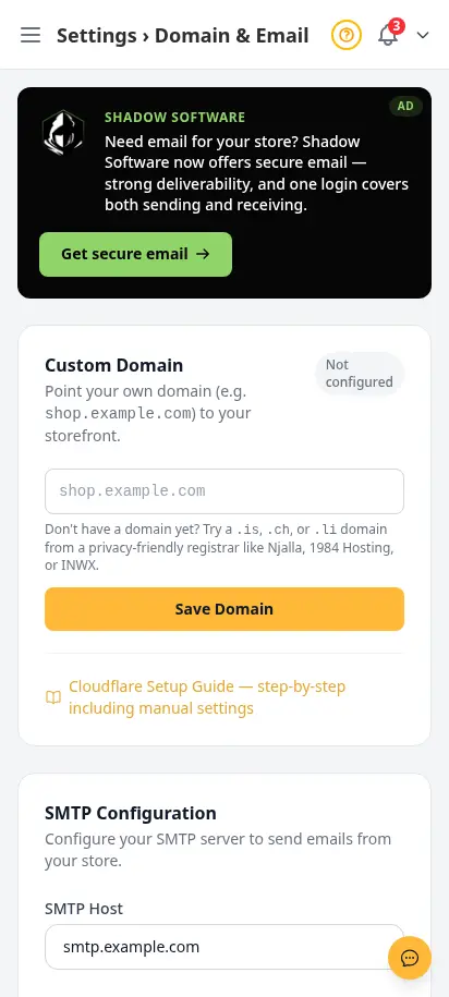 DabDash email settings showing sender details, inbox setup, and email delivery controls — mobile view