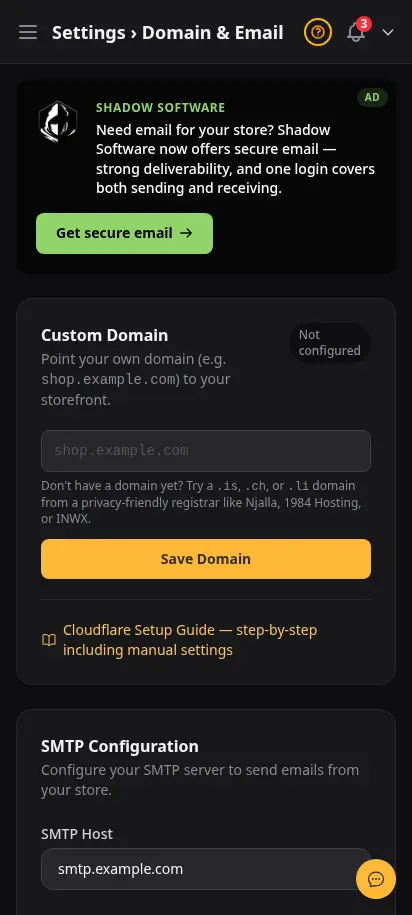 DabDash email settings showing sender details, inbox setup, and email delivery controls — mobile view