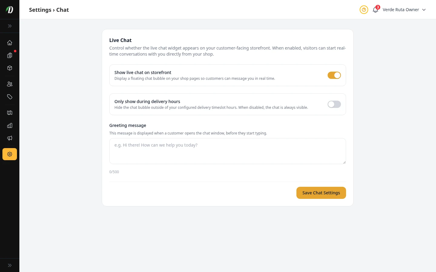 DabDash live chat settings showing greeting text, hours, and enable controls