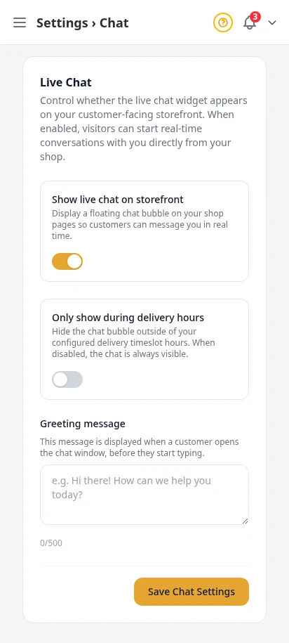 DabDash live chat settings showing greeting text, hours, and enable controls — mobile view