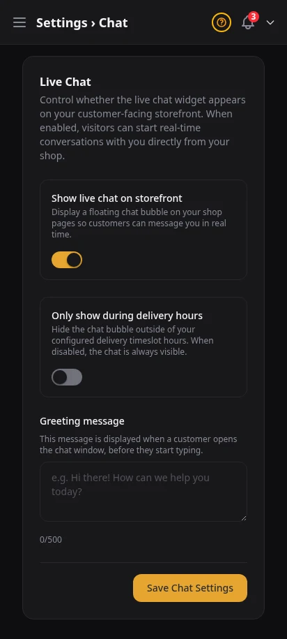 DabDash live chat settings showing greeting text, hours, and enable controls — mobile view