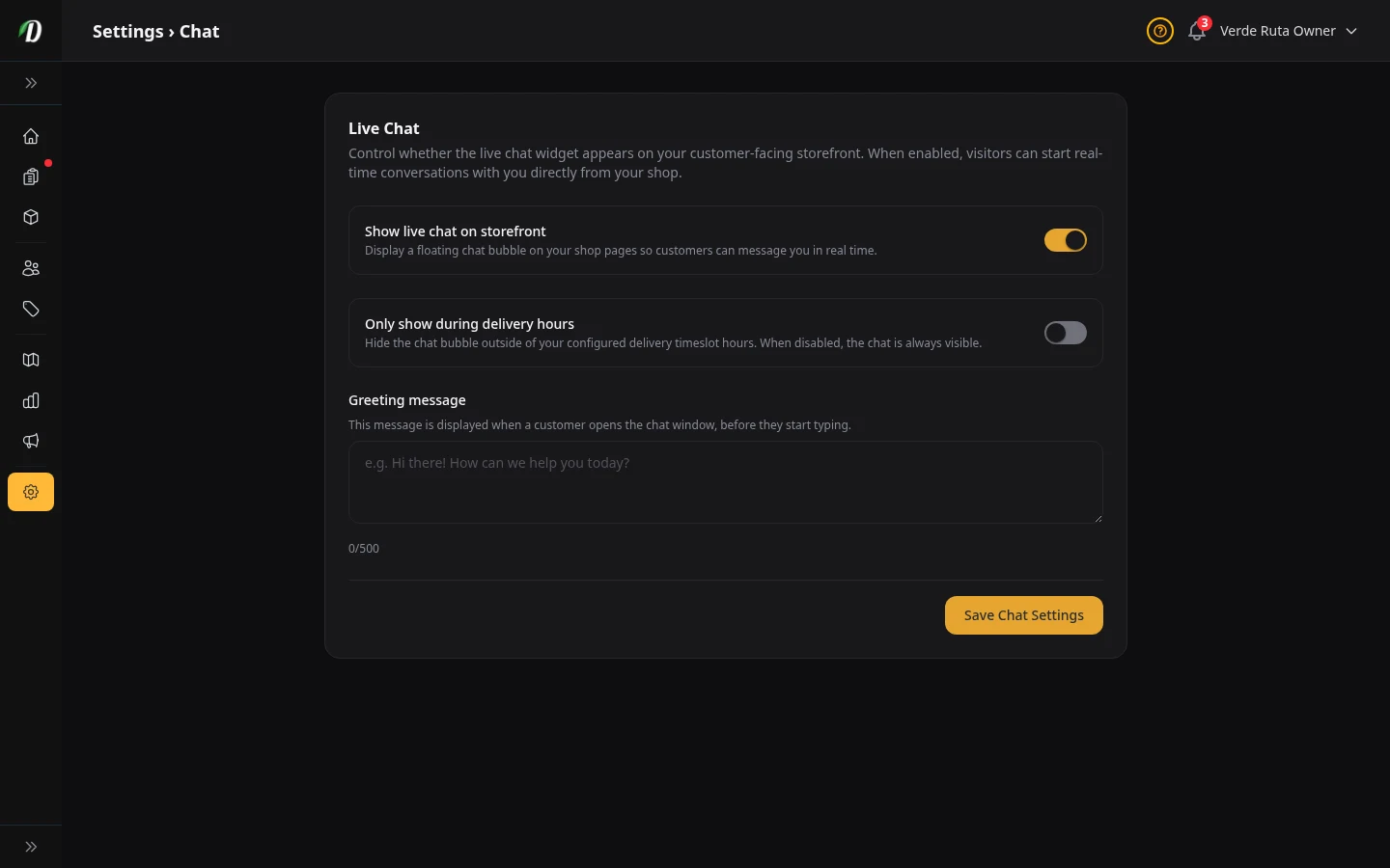 DabDash live chat settings showing greeting text, hours, and enable controls