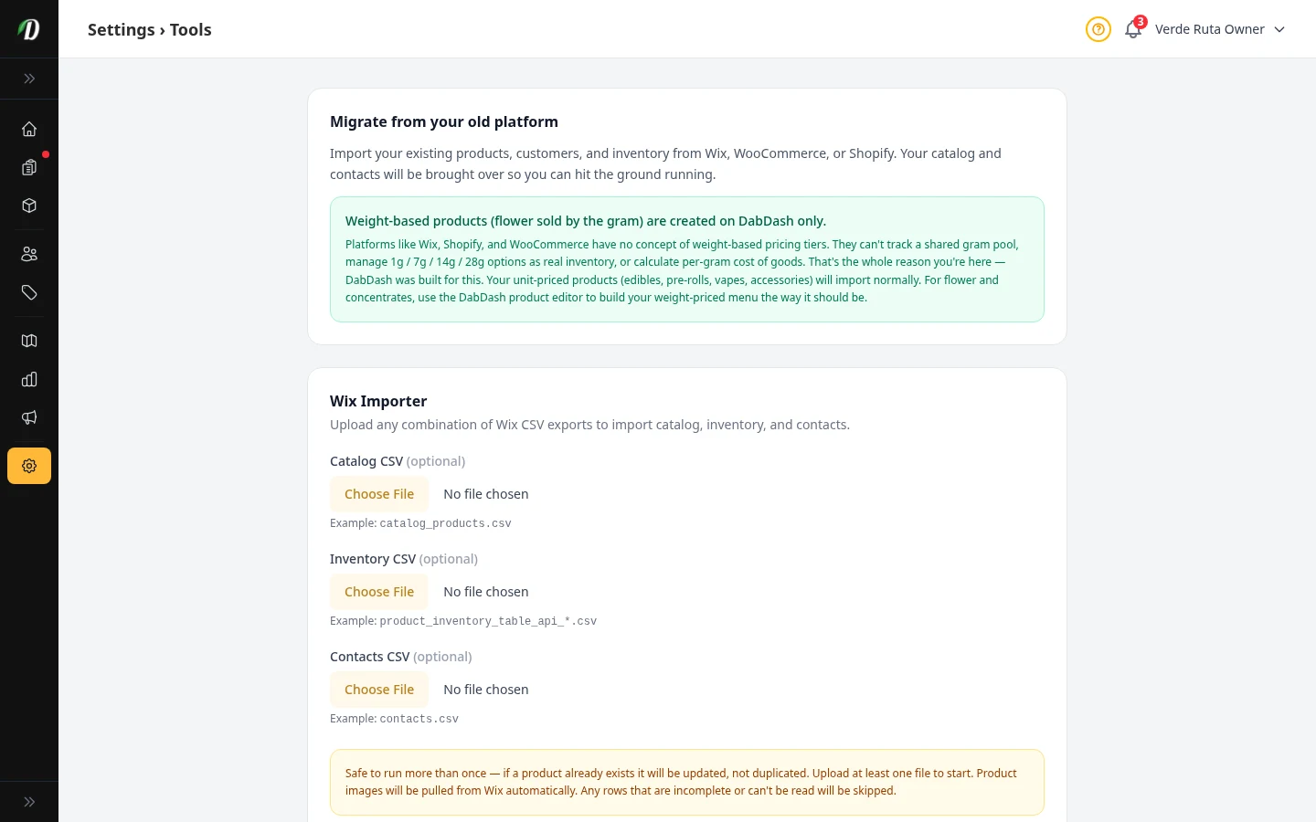 DabDash tools page showing import and setup tools for moving store data in