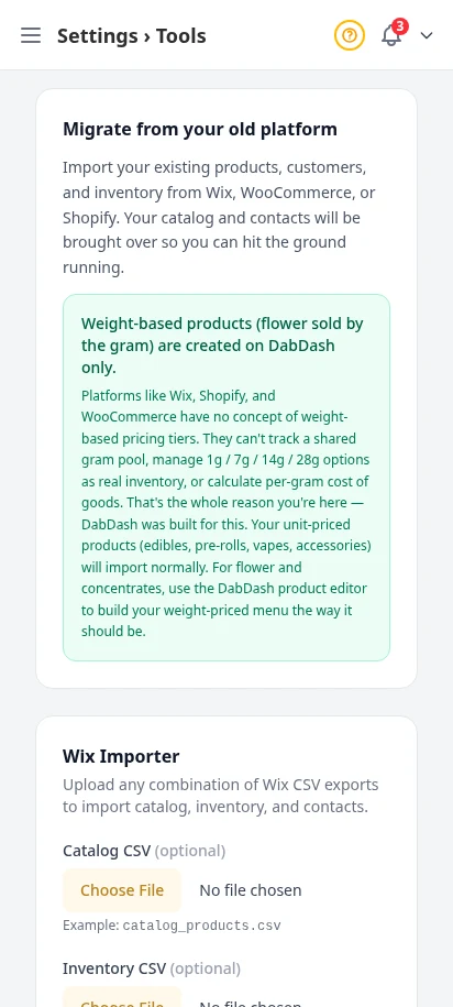 DabDash tools page showing import and setup tools for moving store data in — mobile view