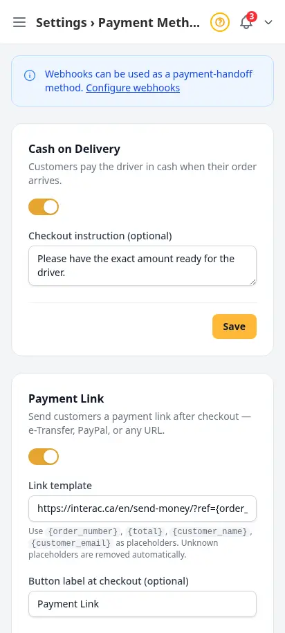 DabDash payment methods settings showing cash on delivery, payment link, QR code, webhook, and crypto toggles