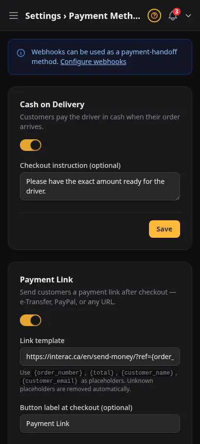 DabDash payment methods settings showing cash on delivery, payment link, QR code, webhook, and crypto toggles