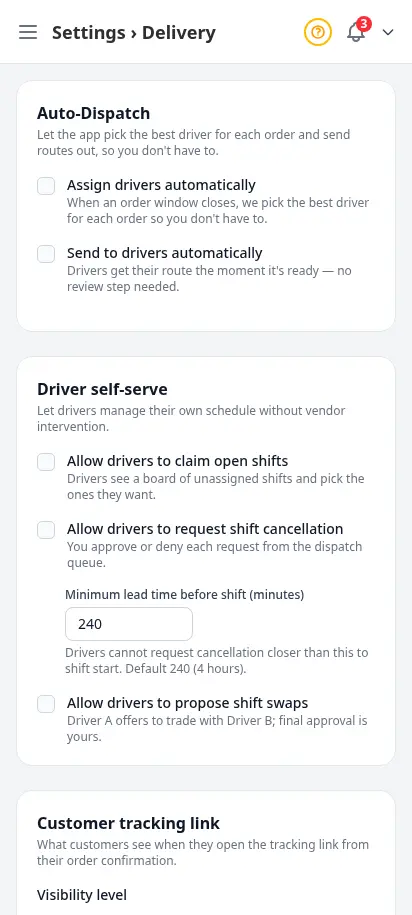 DabDash delivery settings page showing driver self-serve options, customer tracking visibility, proof of delivery requirements, and notification controls