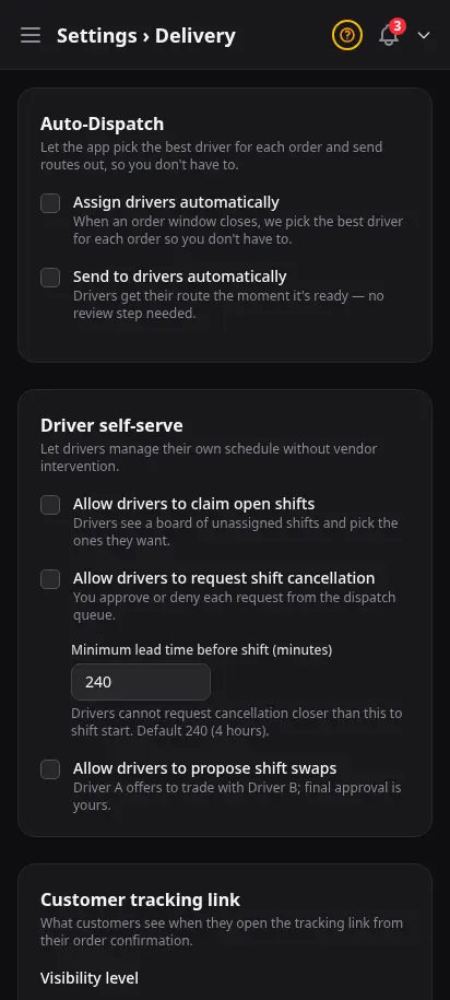 DabDash delivery settings page showing driver self-serve options, customer tracking visibility, proof of delivery requirements, and notification controls