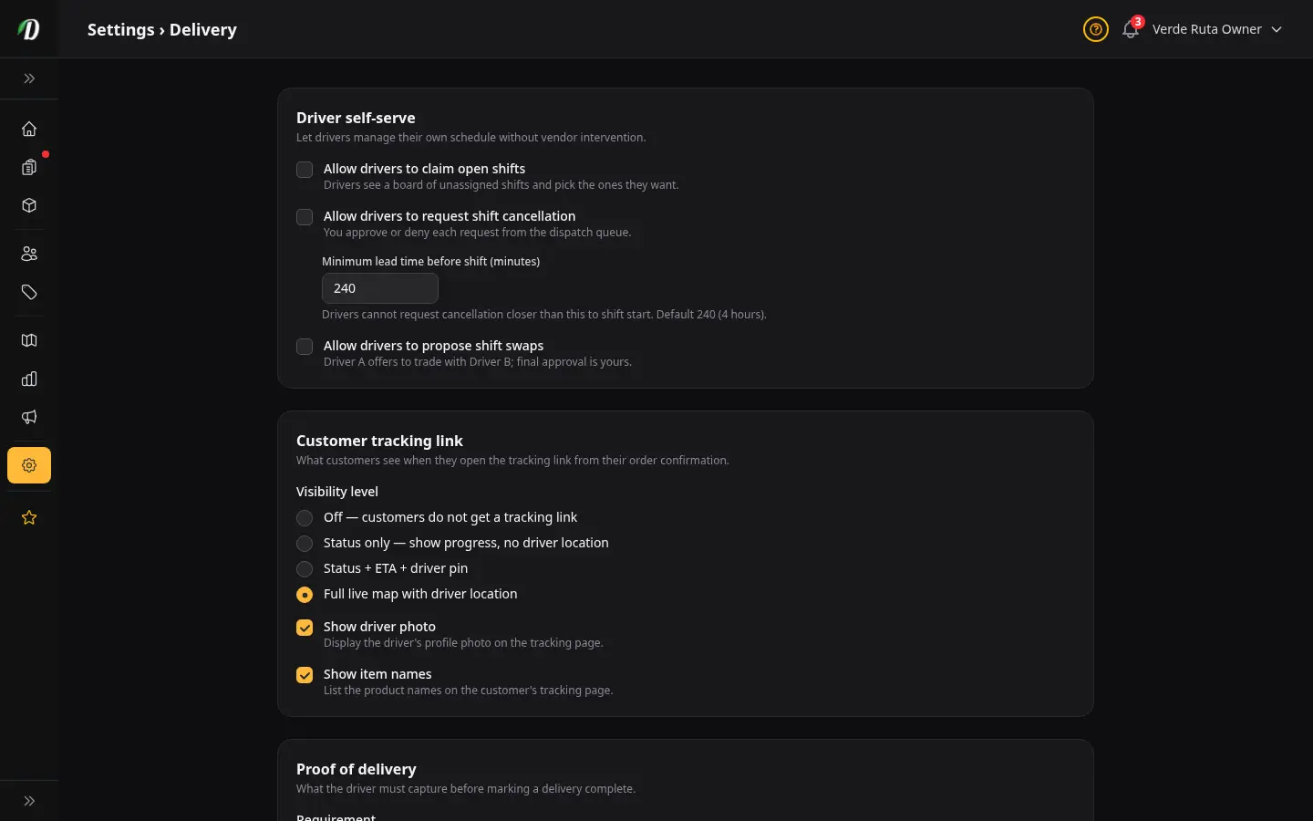Delivery Settings screenshot