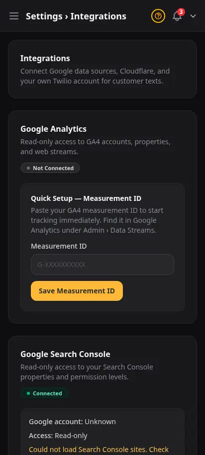 DabDash integrations page showing Google Analytics, Search Console, Cloudflare, and Firebase connection cards