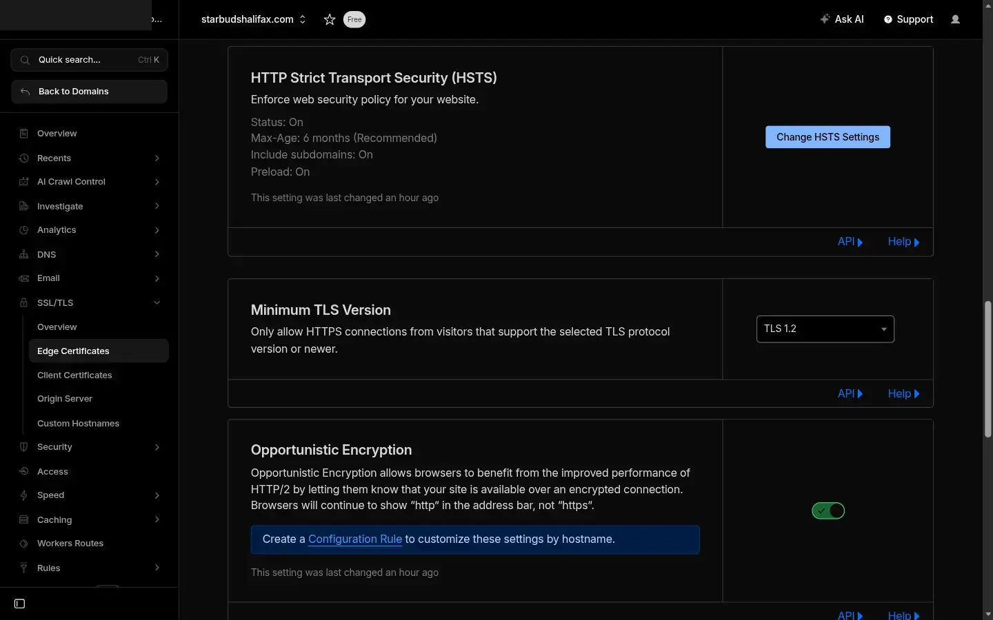 Cloudflare Edge Certificates page showing Minimum TLS Version set to TLS 1.2 and Opportunistic Encryption toggle enabled