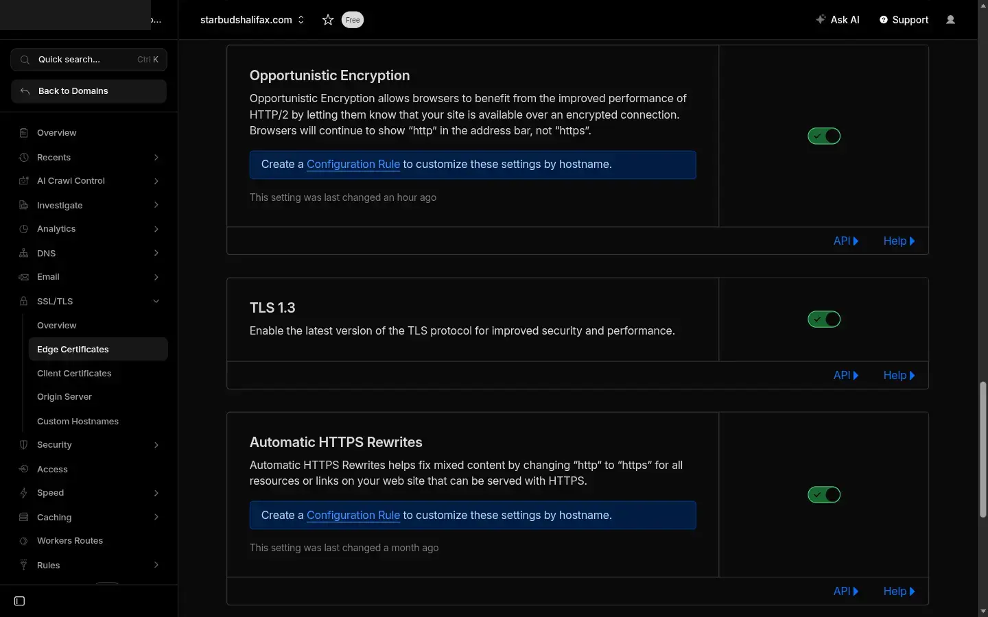 Cloudflare Edge Certificates page showing TLS 1.3 and Automatic HTTPS Rewrites toggles both enabled